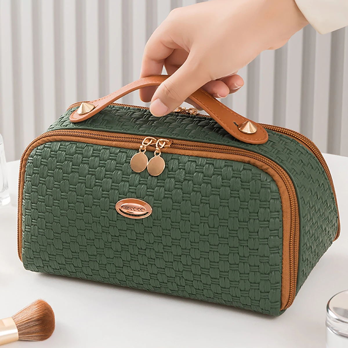 New Fashion Woven Double Zipper Makeup Bag with Large Capacity and Multi compartment Travel Cosmetics Storage Bag Washing Bag