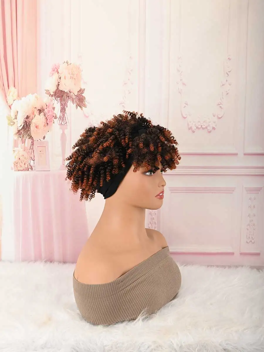 Headband Wig Curly Headband Wig With Bangs For Women Synthetic Afro Curly Hair Wig With Headband Attached Short Kinky Curly Afro High Puff With Bangs Stripes Short Red Curly Wigs with Bangs for Women, Natural Wavy Synthetic Hair, Fluffy Pixie Cut