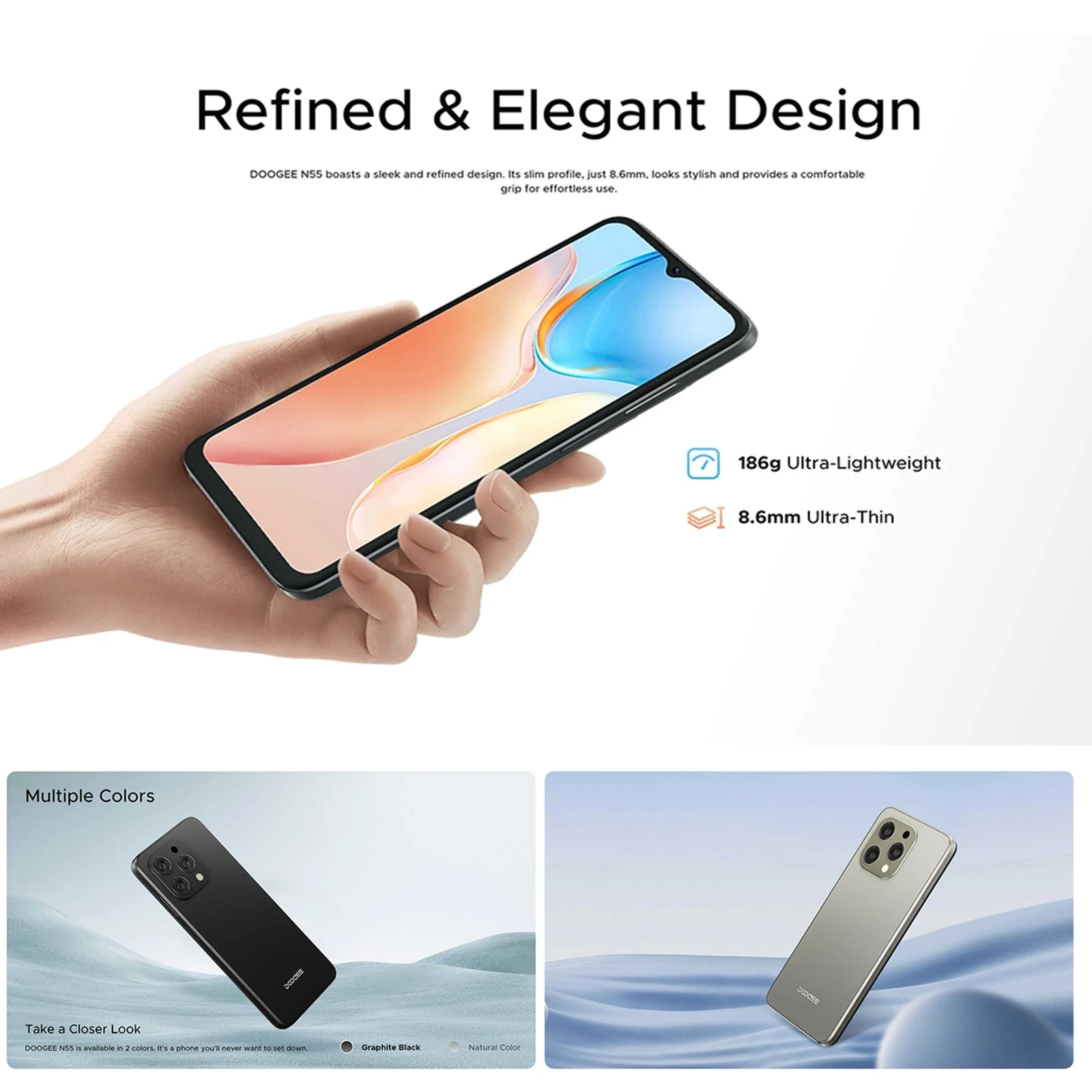 DOOGEE-Smartphone N55, écran IPS 90Hz 6.56 pouces, 4 Go + 128 Go, déverrouillage par reconnaissance qualifiée ale, 5150mAh, appareil photo principal 13MP, Octa Core, Android 14, téléphone portable 4G