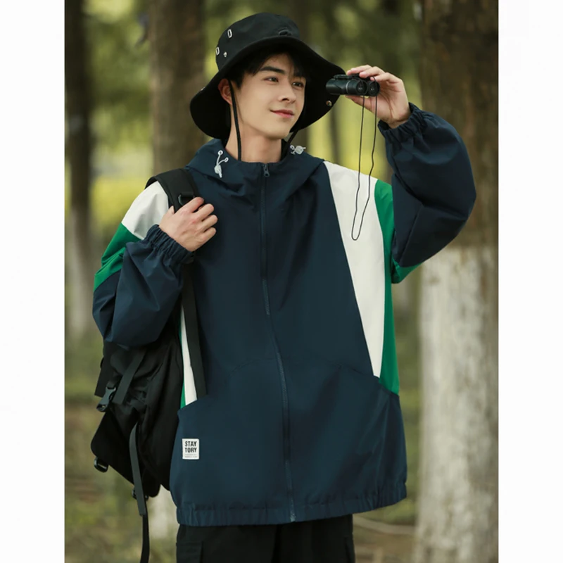 

Spring and Autumn New American Fashion Brand Men's Jacket Hooded Jacket Couple Loose Stitching Contrast Color Hooded Coat Men