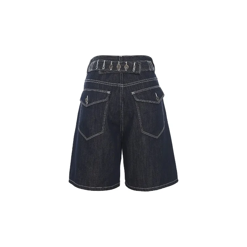 Vintage Y2K Women Denim Bermuda Pants Multi‑Button Waistband Design Loose Straight Leg Wide Leg Casual Daily Street Denim Shorts