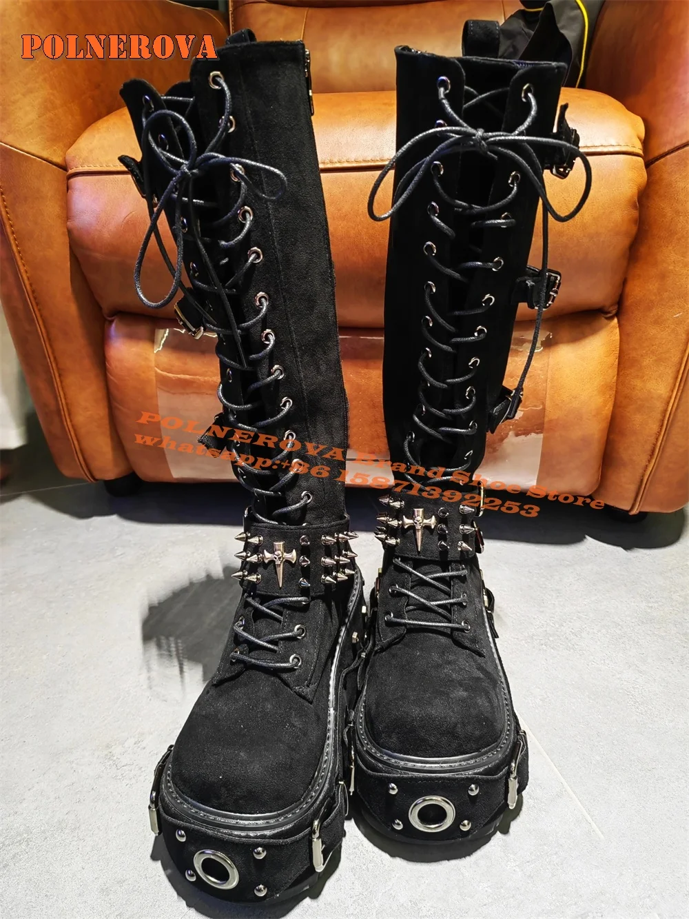 

Rivet Platform Cross Tied Knee High Boots Round Toe Height Increasing Belt Buckle Metal Decoration Punk Rock and Roll Shoes 2024