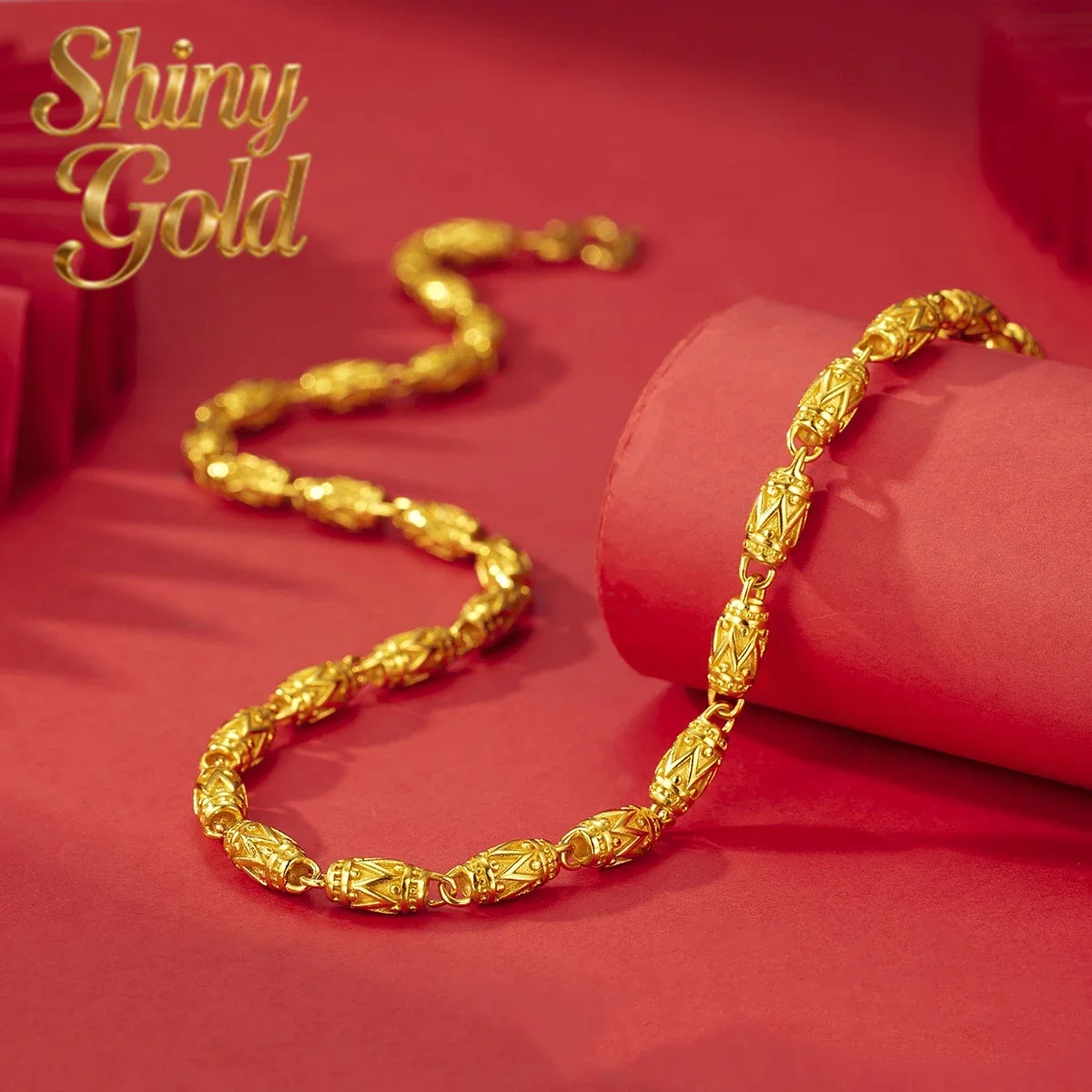 

Роскошное золотое ожерелье ShinyGoldLuxury из настоящего золота 9999 пробы (24K) с классическими бусинами в форме оливы, массивное мужское ожерелье в стиле хип-хоп.