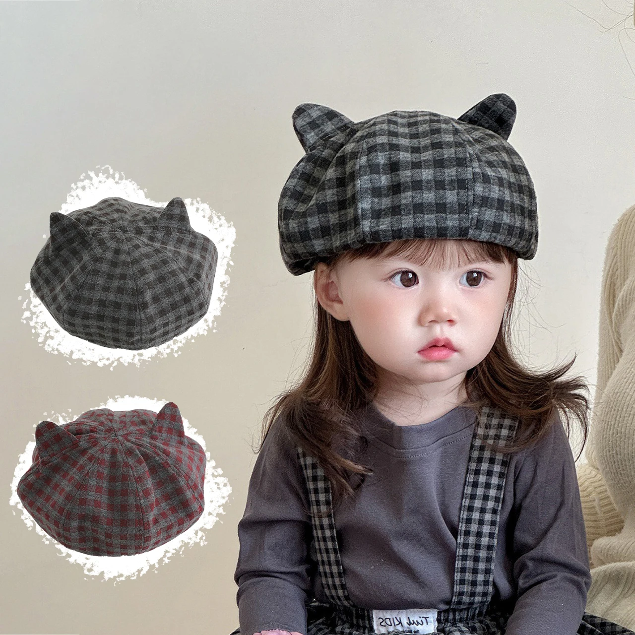 

Милый берет с кошачьими ушками, японская восьмиугольная шапка для детей, модная клетчатая детская шапка-тыква, осенне-зимняя шапка художника для малышей 2-6 лет