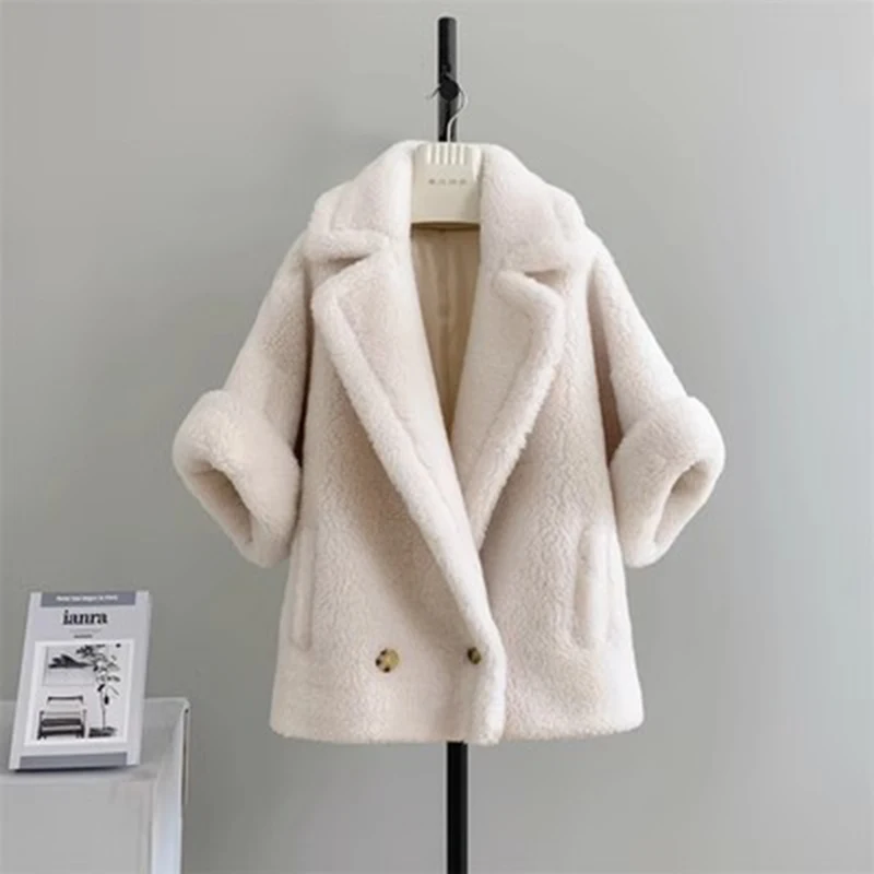 Winter Teddy Bear Coat Women Alpaca Wool Cloak Loose Thick Warm Real Fur Outerwear Max camel Teddy Cape Camel Fur Coat  TD5846