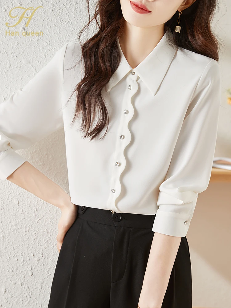 H Han Queen New Arrival Commuter Chic Shirt Womens Blouse Vintage Work Casual Tops Chiffon Blouse Elegant Loose Business Shirts
