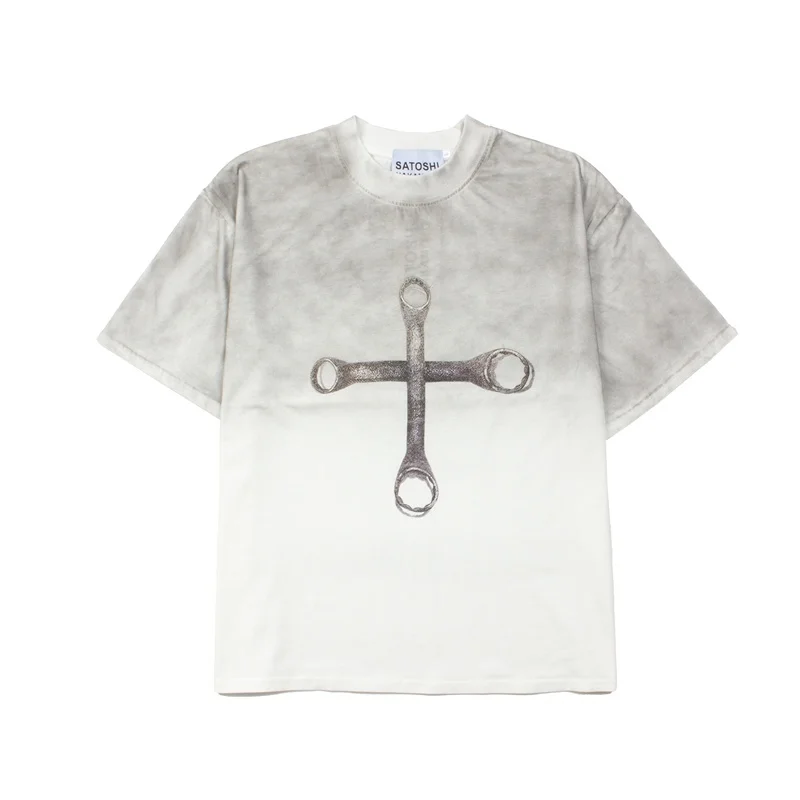 Harajuku High Street Retro Hip Hop Spray Dirty Wash Water Retro Used Wrench Printed Short Sleeve T-shirt Summer Top Men