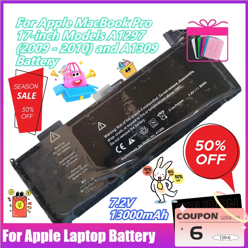 

7.2V 13000mAh Laptop Battery for Apple MacBook Pro 17-inch Models A1297 (2009 - 2010) and A1309 Battery