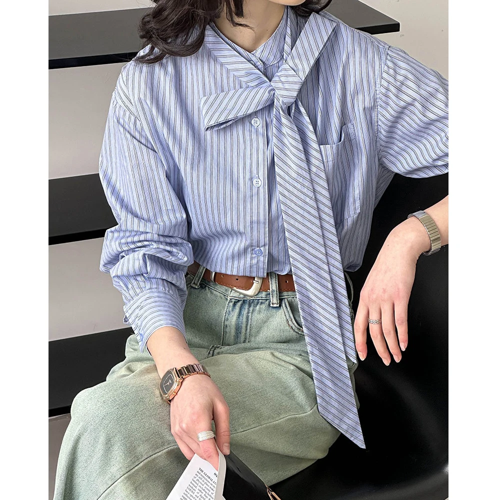 Women Cotton Blouses Bowtie Design Collar Stripe Blue Tops Long Sleeve Loose Blouses Women Tops Casual Clothes Blusas