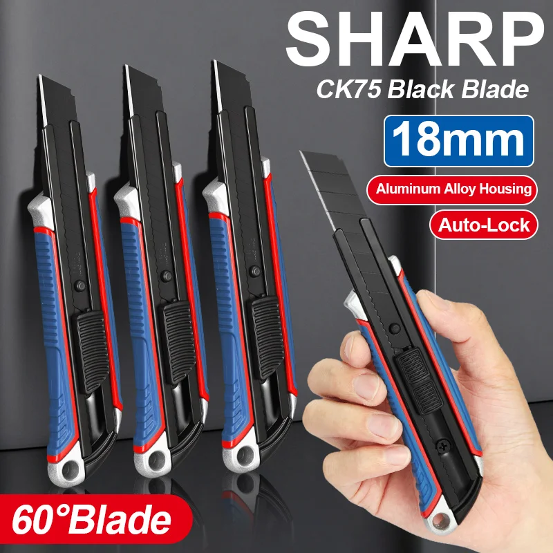 18mm Office Utility Knife Aluminum SK5 Black Blade TPR Grip Box Cutter For Home Package Opening Mailing Unboxing Stationery