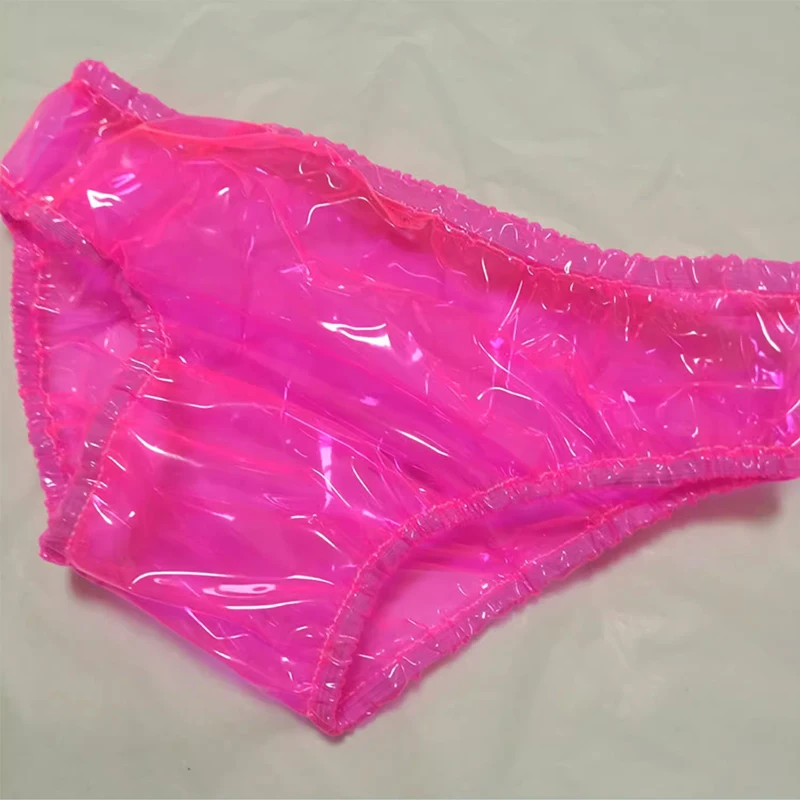 Men Sexy Fluorescent Pink PVC Plastic Underpants Transparent Soft Silent Women Leak Proof Briefs Thong ABDL Waterproof Panties