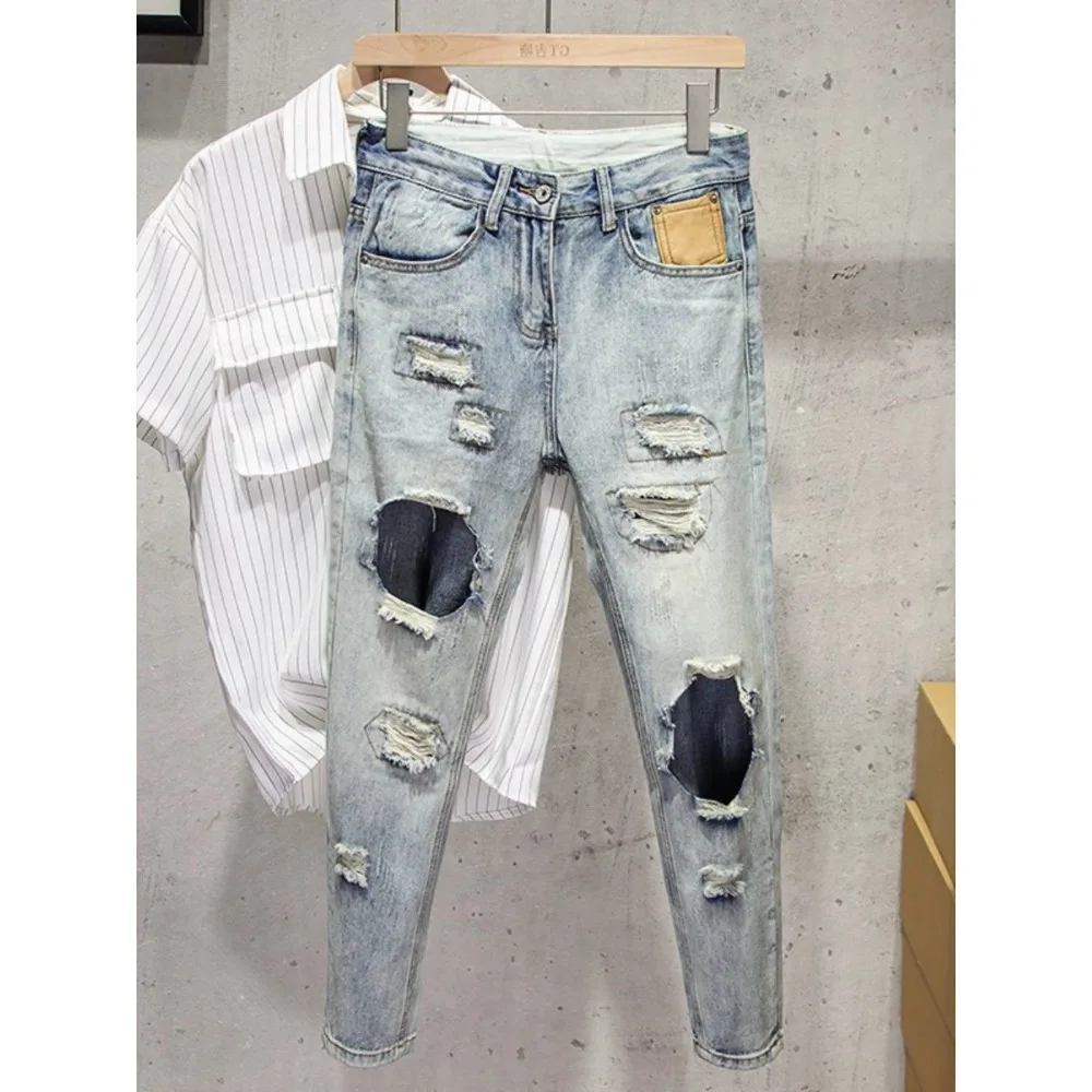 Fashion Luxury Washed Hip Hop Vintage Clothing Korean-style Men's Jeans Distressed Designer Holes Slim Casual Pants for Summer