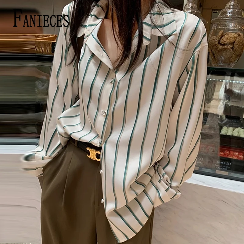 

Striped Silk Shirt Women Tops Casual Streetwear Spring Summer Long Sleeve Stripe Shirt Loose Blouse Office Lady Camisas De Mujer