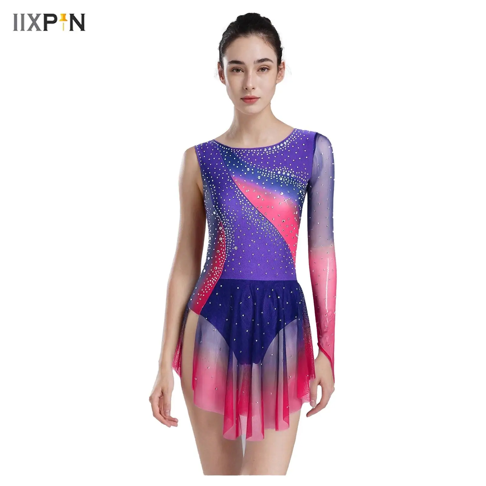 

Women Gymnastics Figure Skating Gradient Leotard Dress One Shoulder Rhinestones Irregular Mesh Hem Bodysuit Ballet Dance Costume