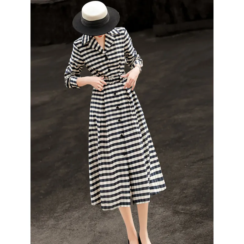 MEXCOCO Women Spring Autumn Vintage Commuter Dress Single‑Breasted Color‑Contrast Striped Print Waist‑Tied Midi Dress
