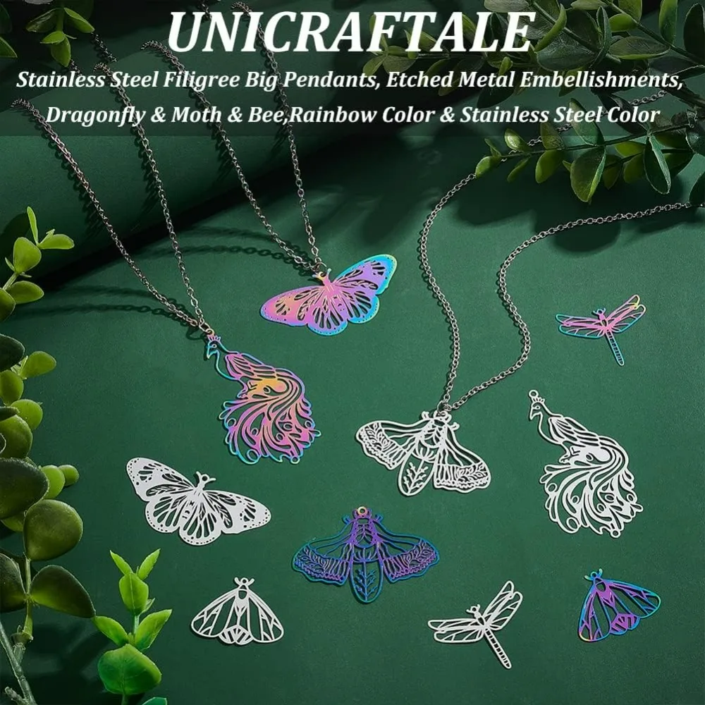 40pcs 2 Colors 5 Styles Ion Plating Stainless Steel Rainbow Filigree Big Pendants Butterfly Peacock Dragonfly Charm Etched Metal