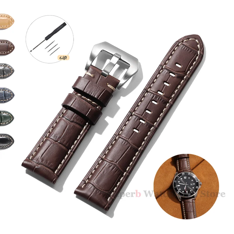 20mm 22mm 24mm 26mm Cowhide Leather Bracelet Men Sport Strap for Panerai Genuine Leather Band for Samsung Galaxy Watch 3 4 Strap