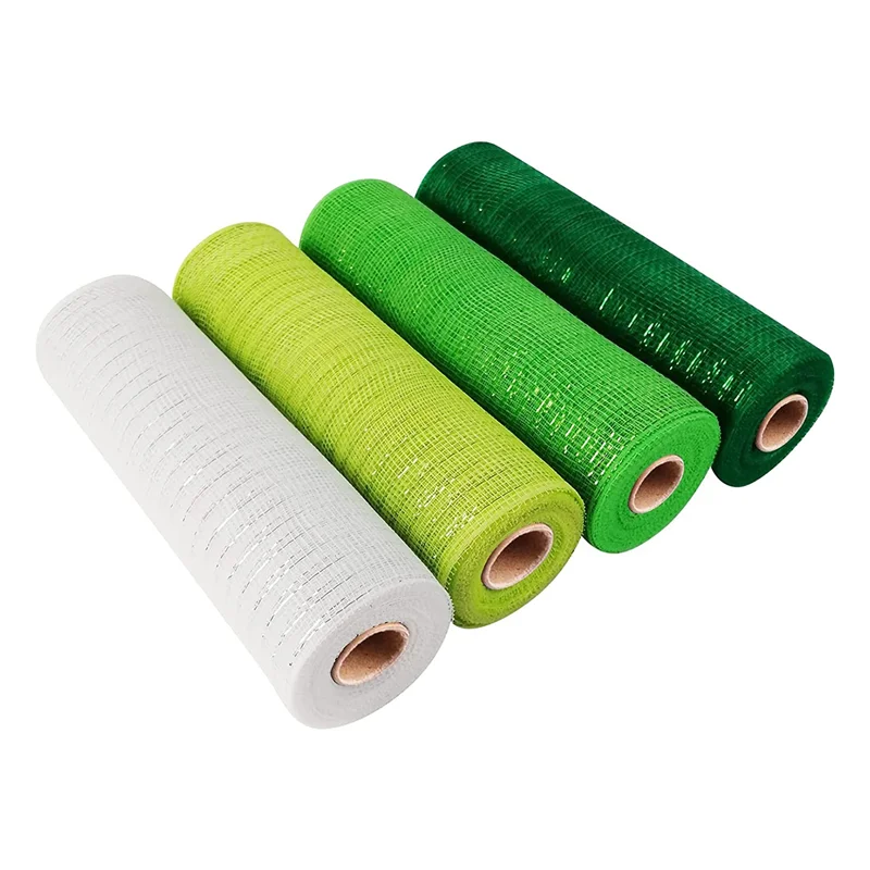 4 Roll St. Patrick's Day Poly Mesh Ribbon, Green White Wired Edge Ribbon 10 Inch x 30 Feet Poly Deco Mesh Ribbon