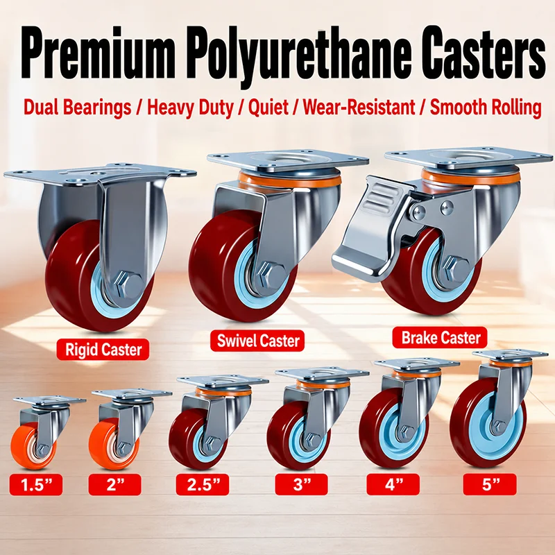 Nylon Wheel Casters Set – 4 Wheels (2 Pairs), Swivel, Directional, and Brake Types, Load Capacity 300/350/400KG, 3/4/5 Inch