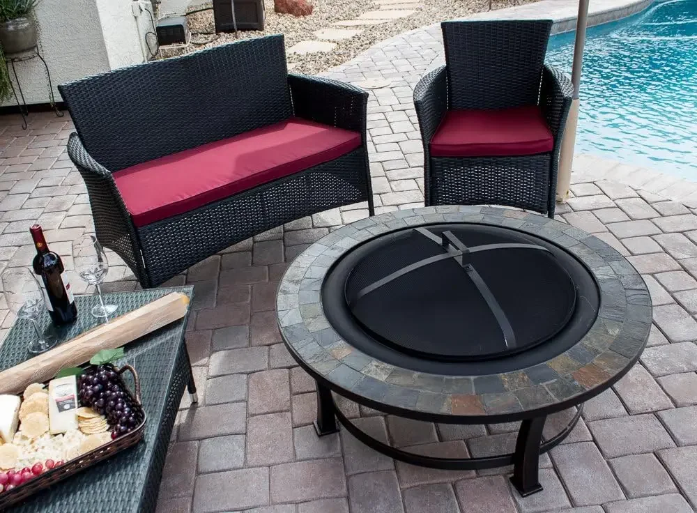 Burning Fire Pit w|Wood Grate and Domed Mesh Screen Lid| Medium|Stone