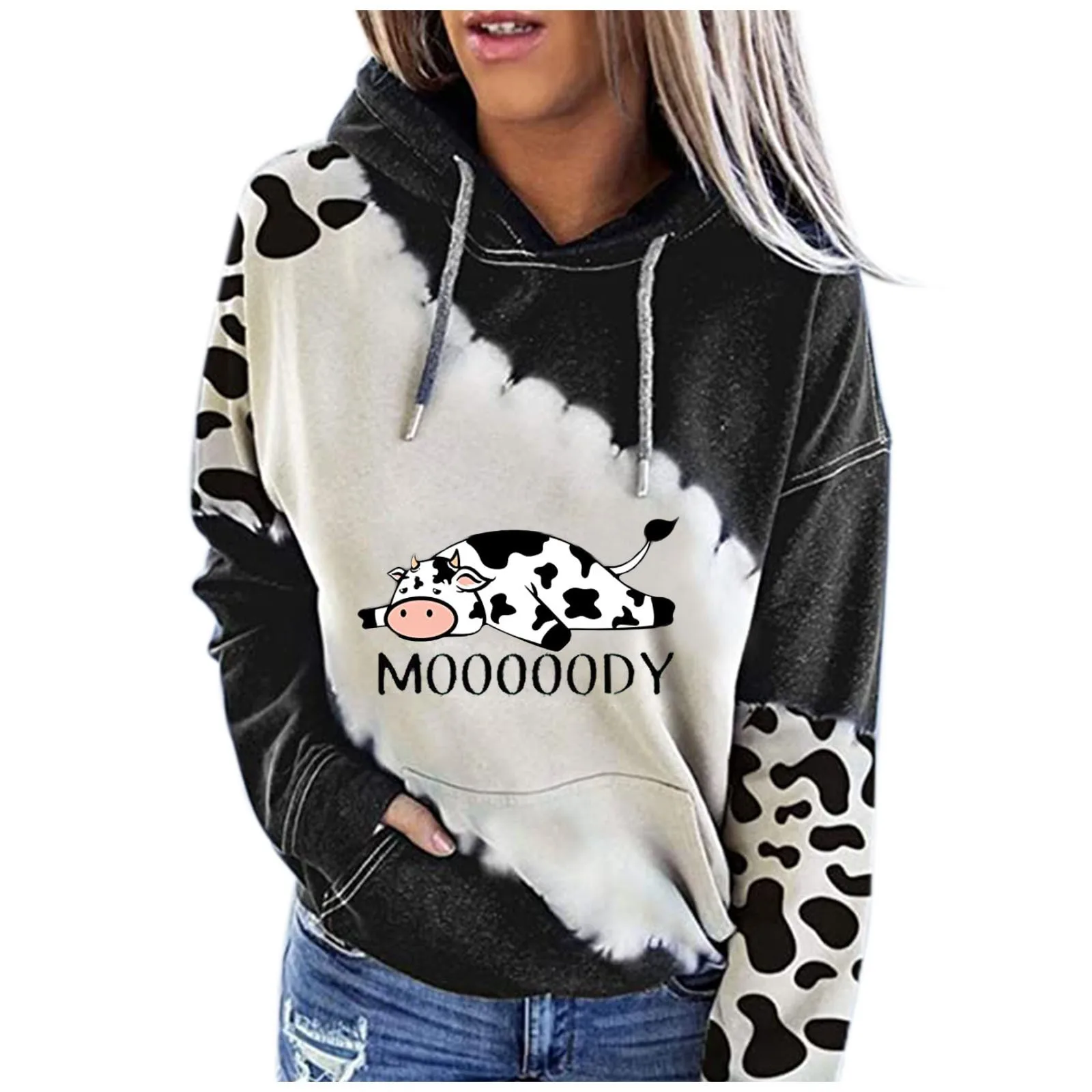 Women\'s Cute Cow Print Sweatshirt Long Sleeve Round Neck Casual Tops Shirts