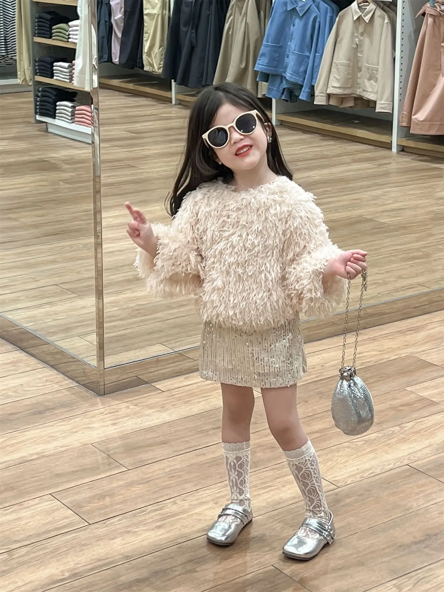 Childrens Sets Feather Long Sleeve Tops Sequin Skirt Fashion 2024 Autumn New Korean Style Childrens Two Piece Sets