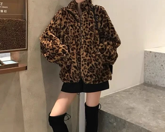 Autumn and Winter New Cotton Thick Leopard Print Coat  Loose Retro Plush Coat