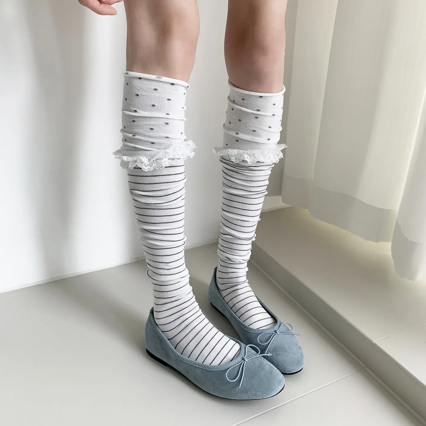 Lace Polka Dot Striped Spliced Knee High Socks Japanese Ins Trendy Sweet Women Long Socks Daily Dating Jk Student Slouch Socks