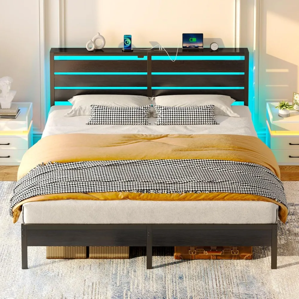 

Bed Frame King Size with USB Charging Station, LED Bed Frame with Wood Storage Headboard, Black Metal Platform Bed wit