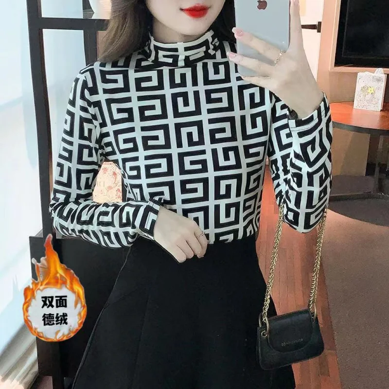 Autumn Winter New Fleece Plaid Print Bottoming Shirt Long Sleeve Half High Neck Plus Size Tops Tees Vintage Casual Women Clothes