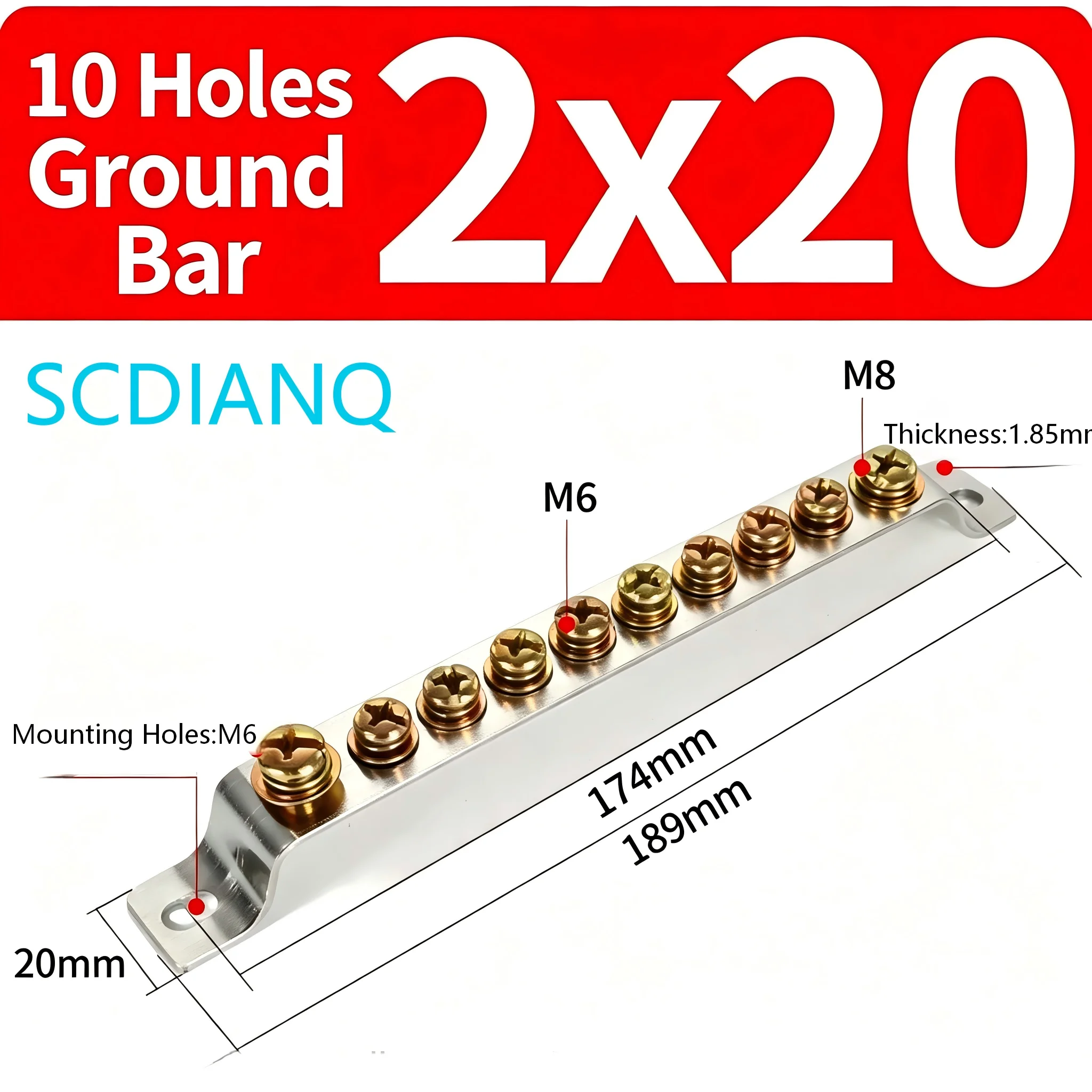 Grounding Neutral Earth for Electrical Panel Distribution Box 10 Hole 2*20mm Copper Terminal Block