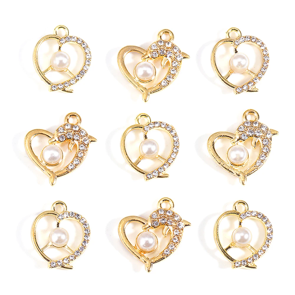 

10Pcs Gold Pearl Love Dolphin Zinc Alloy Pendant for Women's Clavicle Chain Earrings Bracelet Charm DIY Handmade Supplies Gift