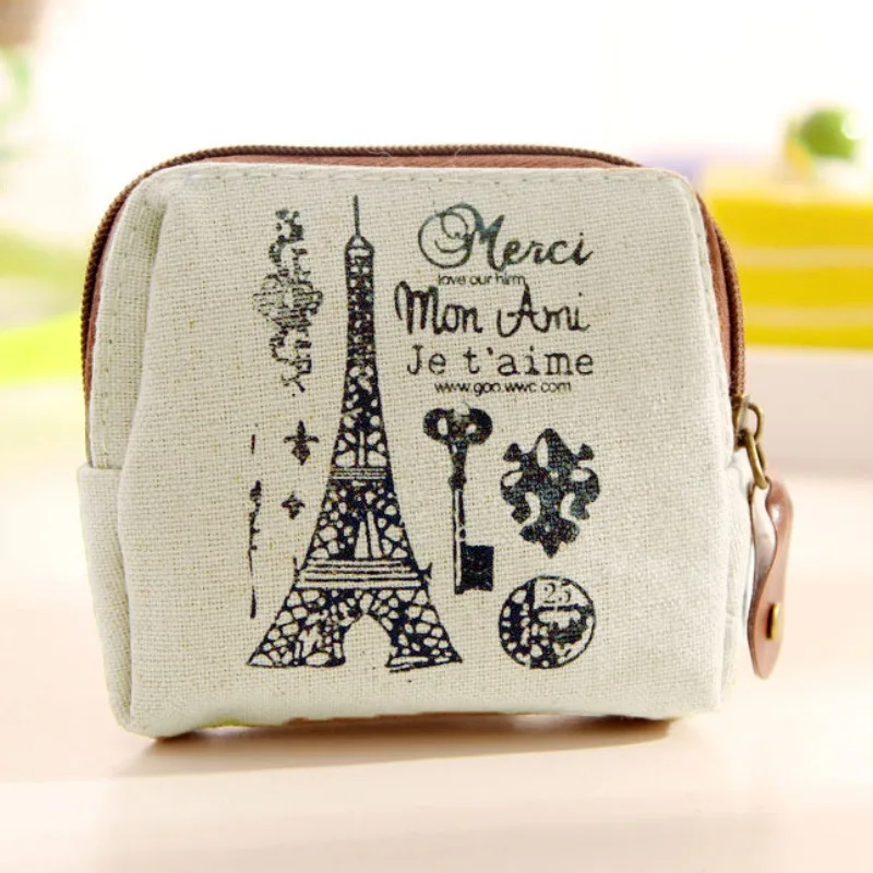 Retro Paris Coin Wallet Change Bag Canvas Coin Bag Zipper Money Key Earphone Line Mini Coin Pouch Cute Purse Wired Headset Bag