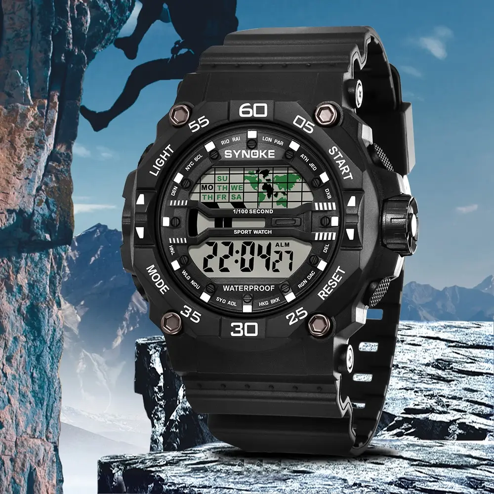 SYNOKE New Men Mountaineering Digital Watch Waterproof Shock Resist Large Screen Outdoor Running Student Fashion Watch Handsome