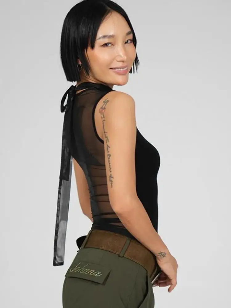 Yedinas أسود الظهر شير الصيف تانك القمم مثير أكمام تيز التصميم الأصلي الدبابات ضئيلة الكورية موضة شيك 2000s الملابس Y2k