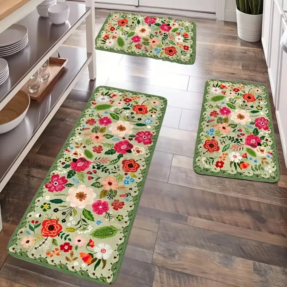 Non-Slip Soft Green Vintage Floral Kitchen Mats Dining Room, Laundry, Hallway Bedroom Extended Rug Door Mat Machine Washable