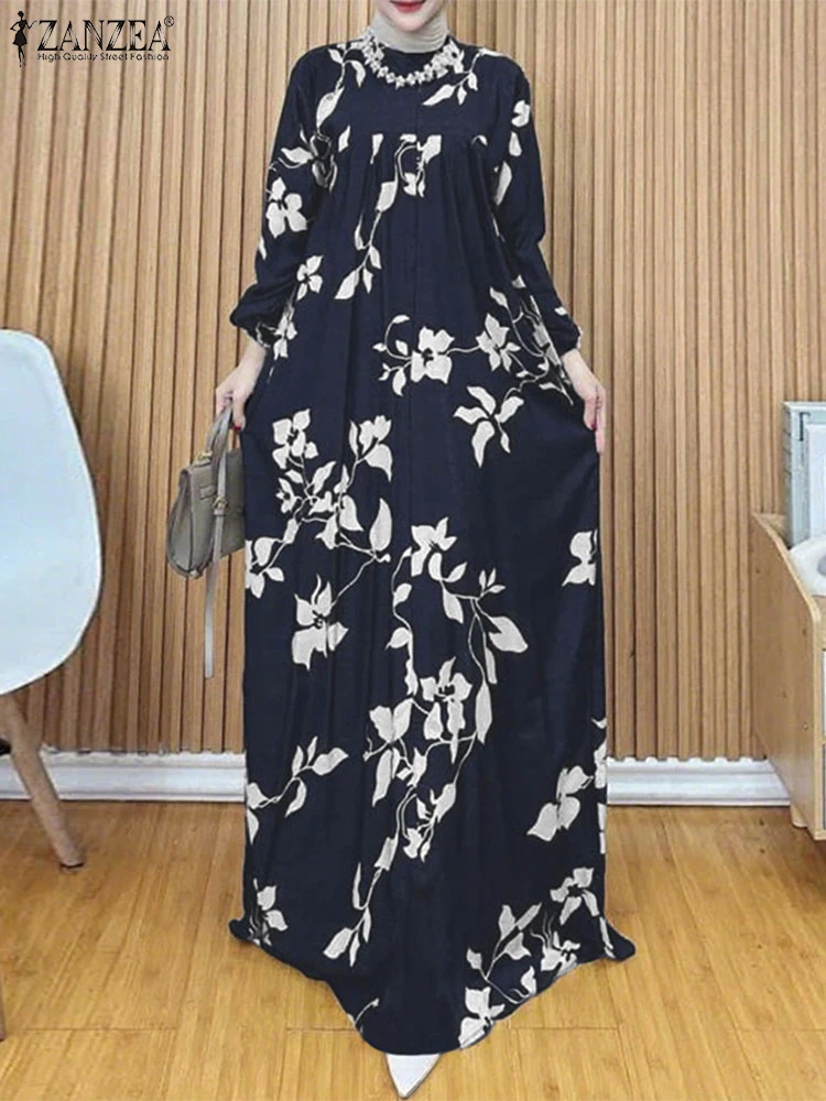 

ZANZEA Muslim Hijabi Women Long Dresses Islamic Lantern Long Sleeve Loose Maxi Abaya Robes Femme Floral Printing Modest Vestidos