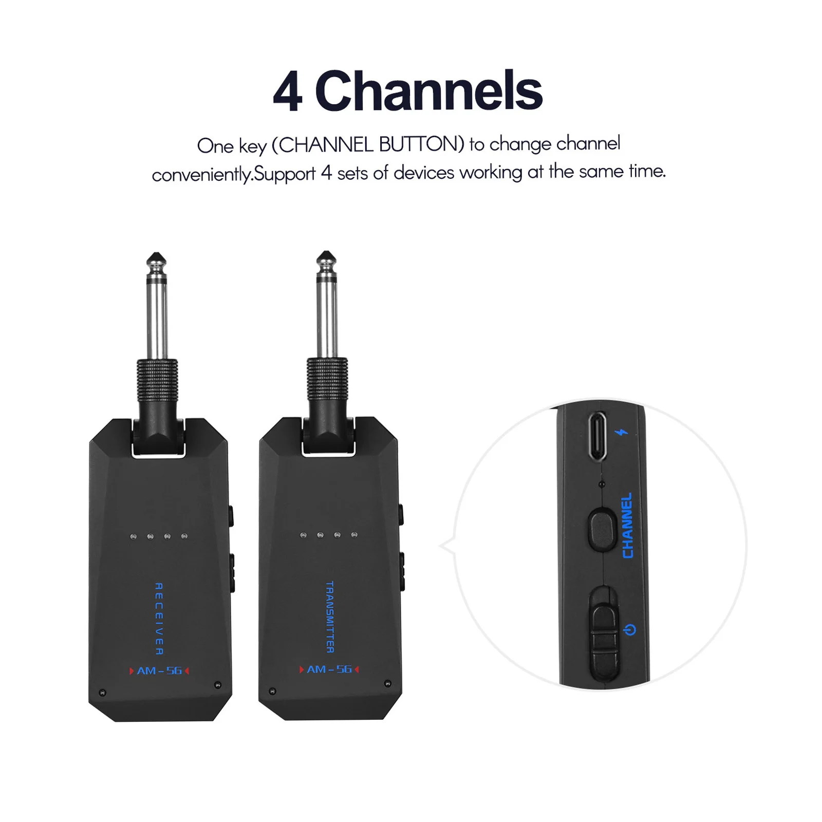 AM-5G Wireless 5.8G Guitar System Rechargeable Audio Transmitter and ISM Band 24bit/48KHz 5.6ms Latency 30m Range