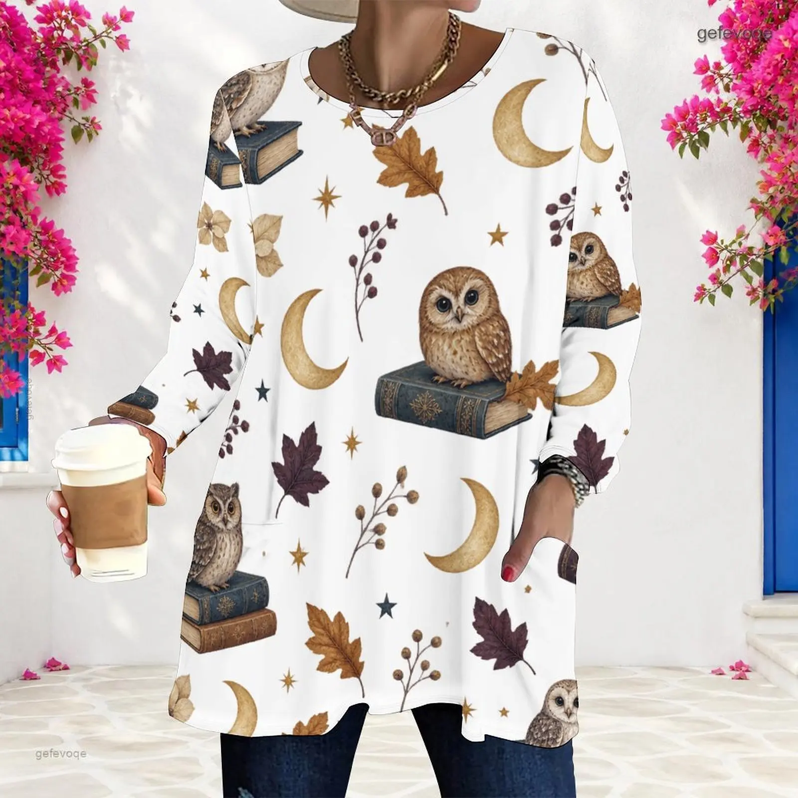 Women White Base Owl Book Crescent Moon Leaf Star Printed Round Neck Long Sleeve Loose Top With Pockets