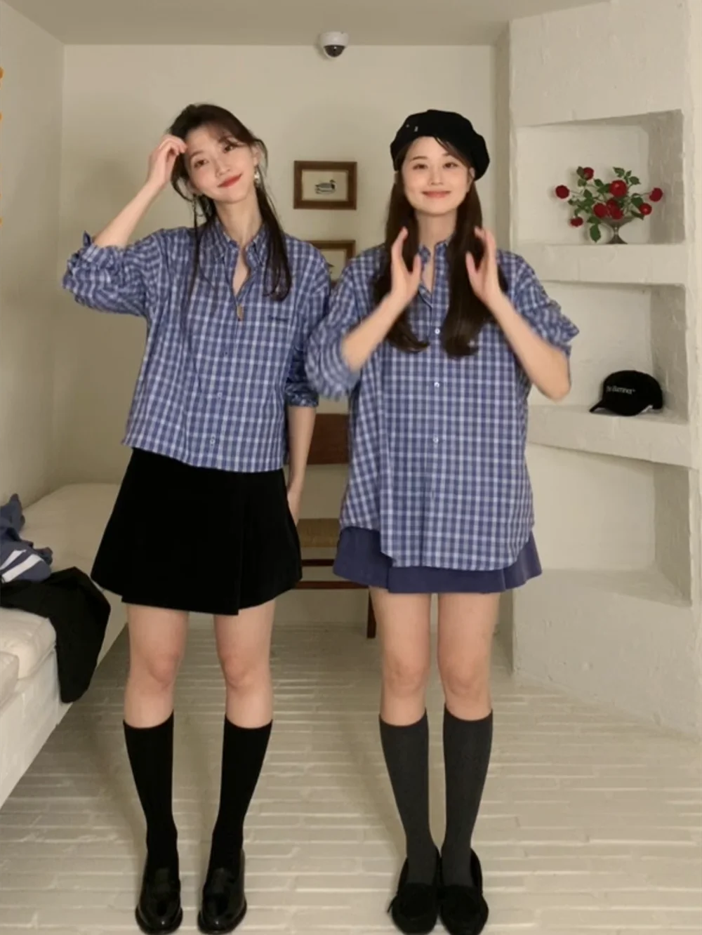Blu Plaid ort/Long irt Loose Fit Button Design Cotone Coreano Sle Pendolari Faion Uomo Donna ex Traspirante Confortevole