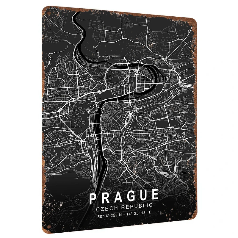 Prague City Map Metal Wall Art Modern Minimalist Home Decor Czech Republic Geometric Poster