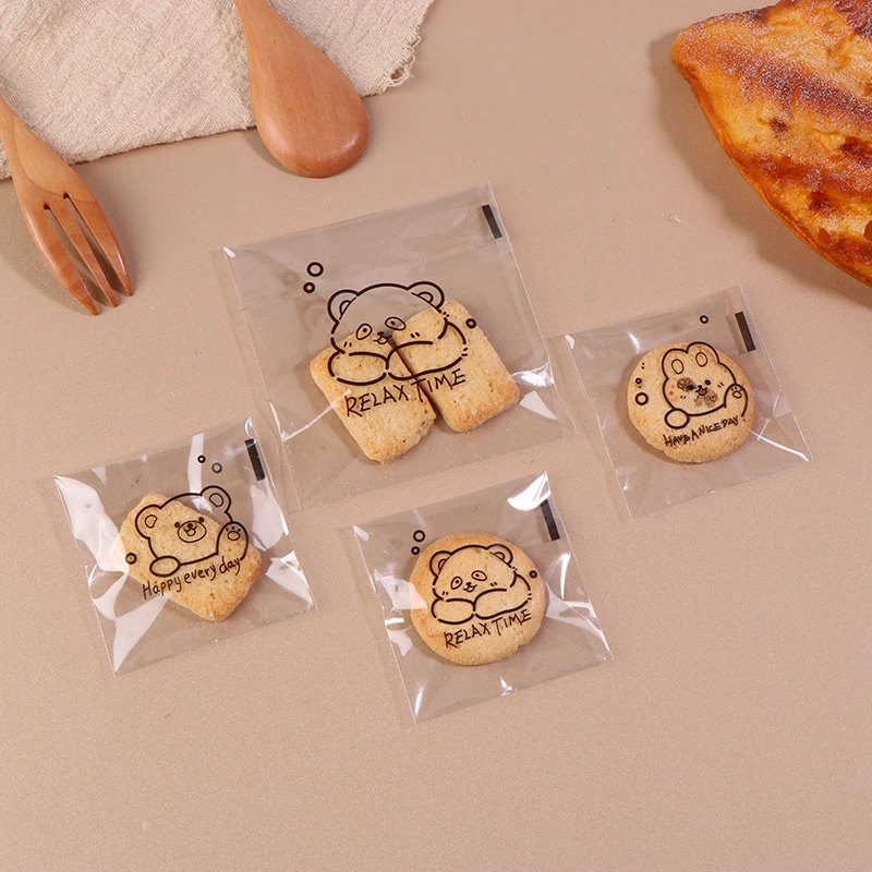 100Pcs Cute Cartoon Bear Pattern Transparent Bread Gift Wrap Self-sealing Bag Happy Everyday Blessing Printed Square OPP Bags