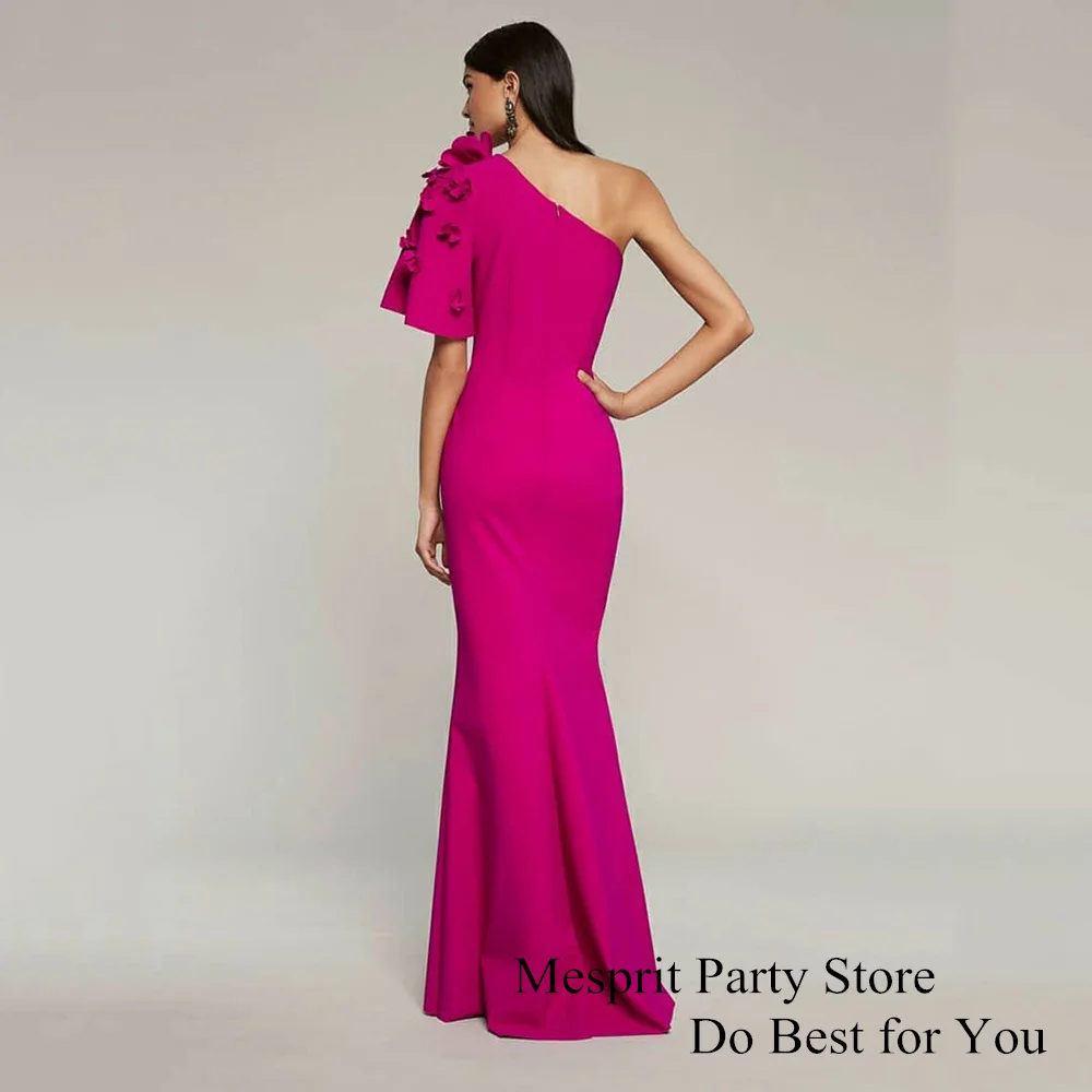 Fuchsia Prom Dress One Shoulder Short Sleeve 3D Flowers فساتين سهرة Mermaid Evening Gown Saudi Arab Formal Occasion Dresses