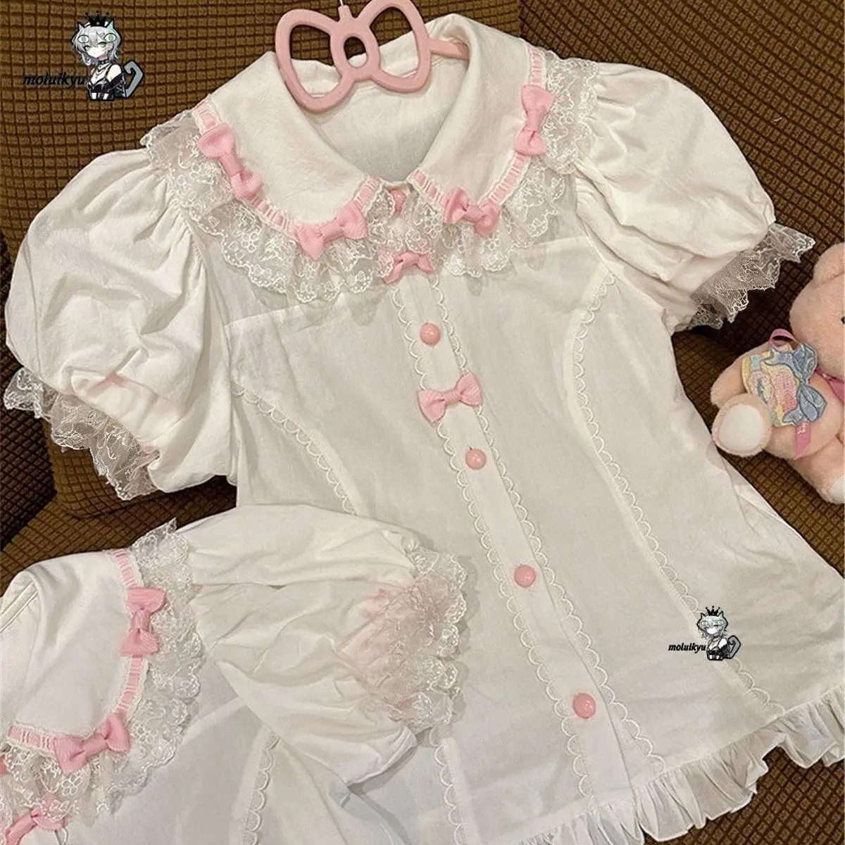 Japanese Cute Lolita Shirt Blouses Women Kawaii All-Match Peter Pan Collar Summer Shirt Tops Girls Sweet Puff Sleeve Chic Blouse