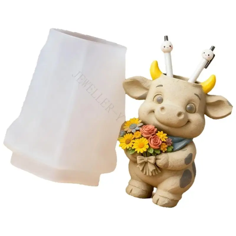 R7UF Flexible Silicone Cow Planter Mold For Resin Art Concrete Cement Casting And Decorative Container