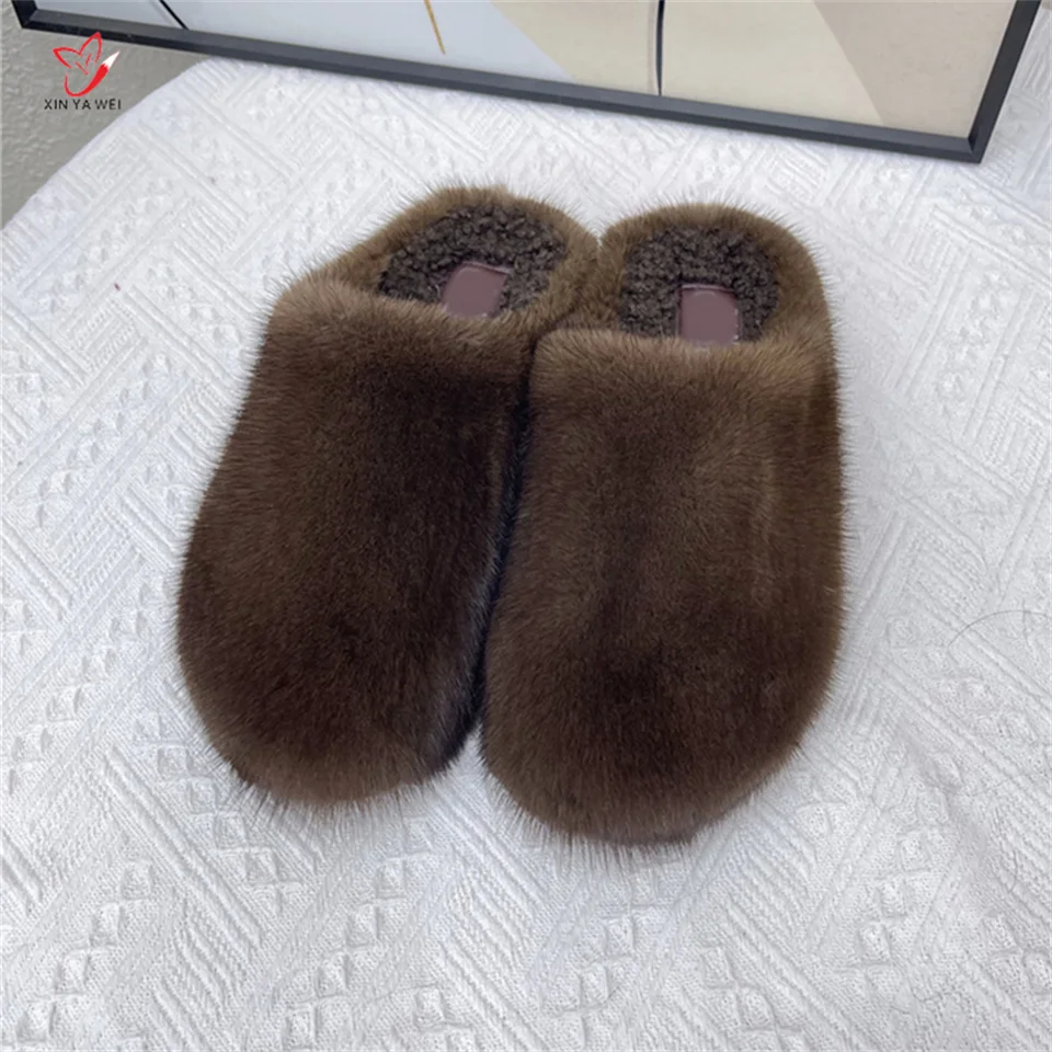 New Winter Mink Slipper Women Fur Shoes Fashion Brand Fluffy Suede Mink Fur Slippers Women Shoes Outdoor Warm Flat Slippers