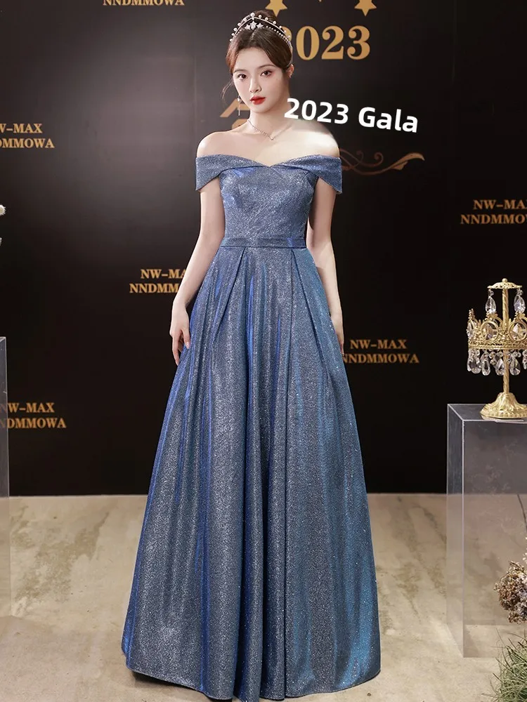 

Ele One-oulder Evening Gown Women's High-End Blue Starry Host Fla Long Dr for Annual Conference And Wedding