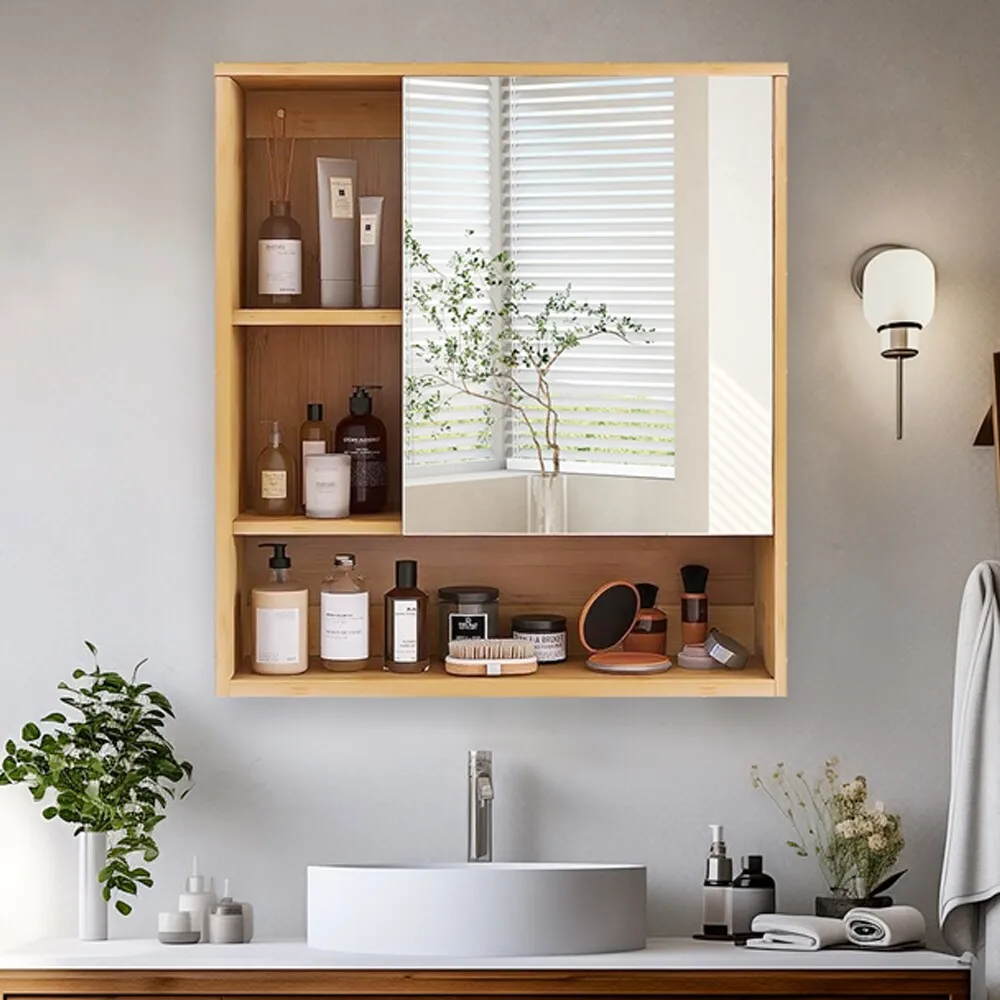 

Bathroom Mirror Cabinet Wall Mounted Bamboo Space Saver Medicine Cabinet Storage