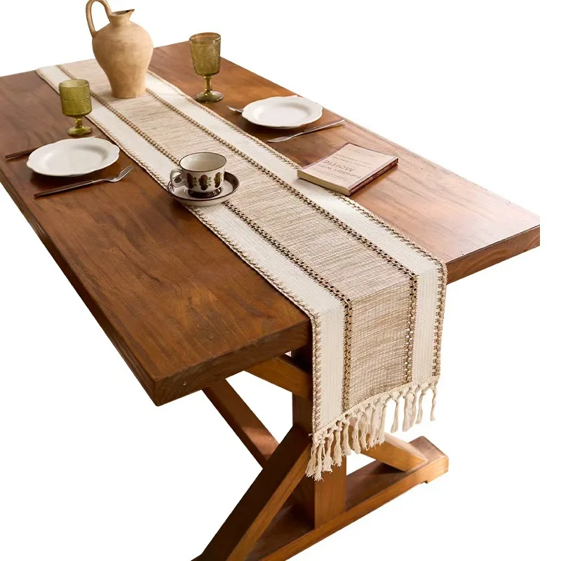 Cross-border coffee-colored wide stripe table runner linen and hempknotted dining table decoration table coffee table sho