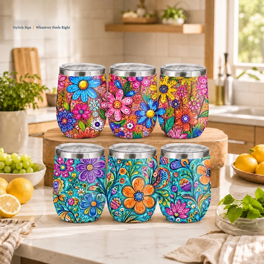 Artistic Groovy Floral Vacuum Flasks 12oz Thermal Wine Tumbler W/ Lid Double Wall Steel Insulated Cup For Sport Drinking Mug